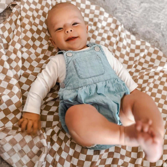 Tan Gingham baby swaddle | newborn muslin wrap