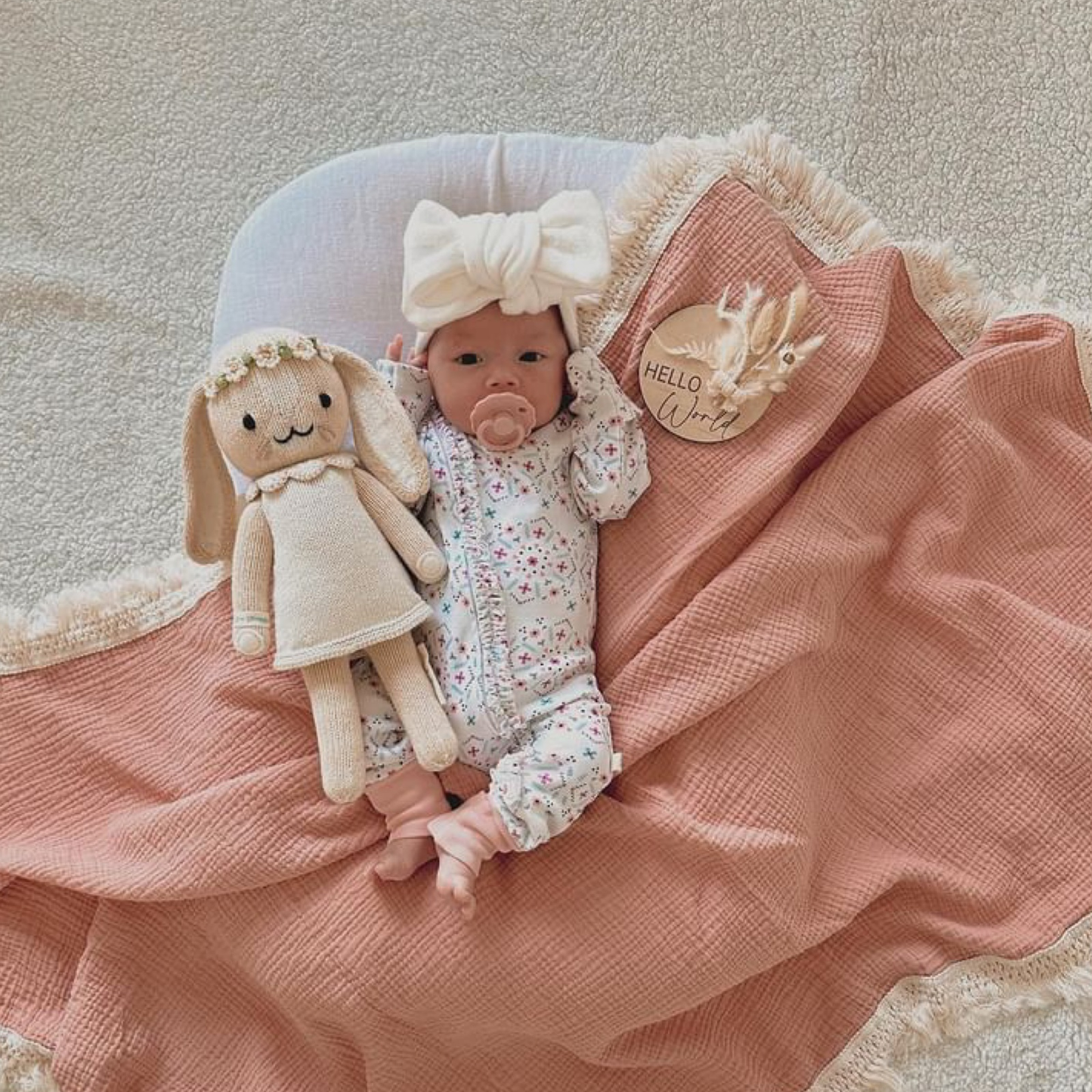 Dusty Pink Fringe Swaddle. Newborn baby blanket. Muslin Wrap