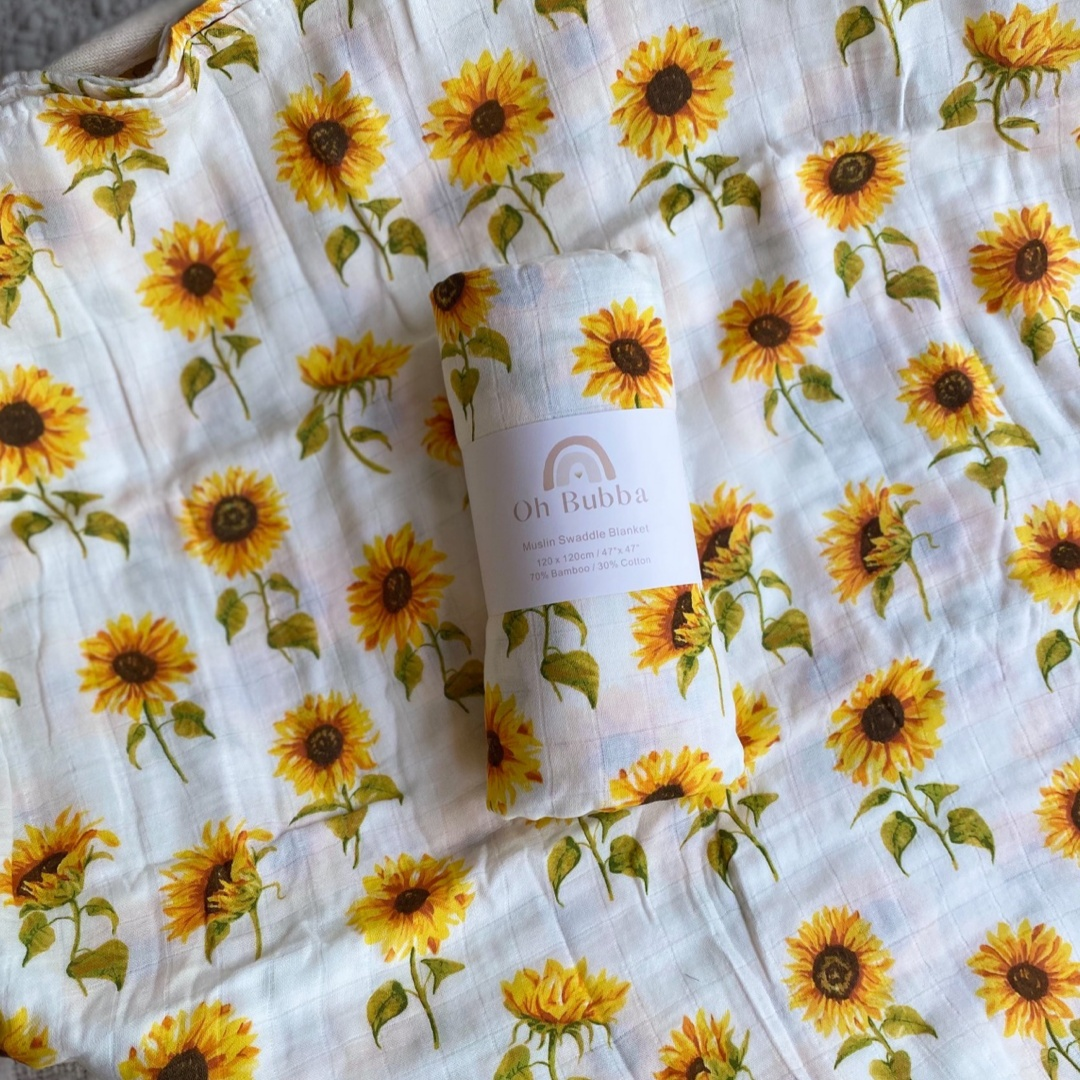 Sunflower Baby Swaddle. Newborn Muslin Wrap. Organic Cotton Bamboo Sunflower Swaddle