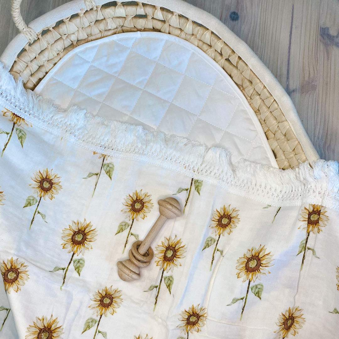 Sunflower baby fringe swaddle, Organic cotton baby swaddle. Newborn swaddle. Baby blanket. Muslin wrap