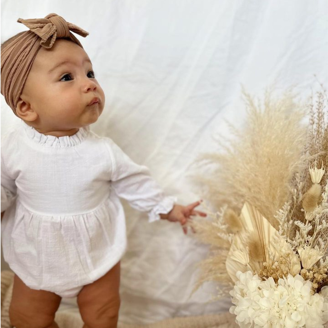 Boho baby girl romper. Frill white baby romper. Baby girl clothing