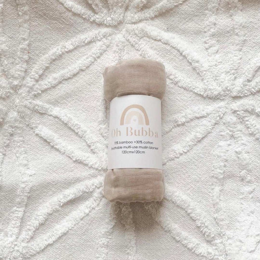 Taupe baby swaddle. Bamboo baby swaddle. Newborn wrap. Muslin swaddle