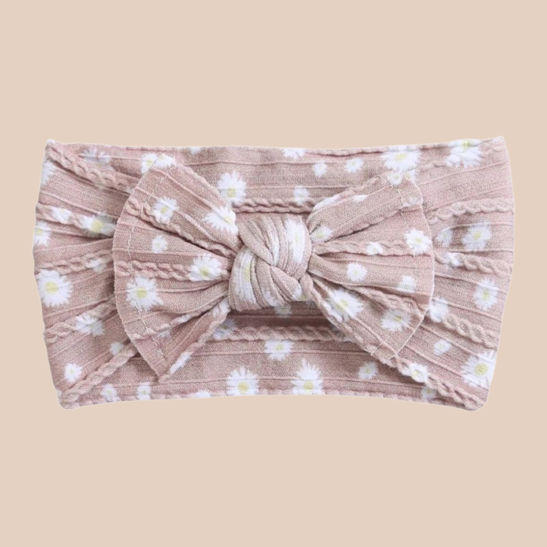 Cable Knit Baby Bow Headband | Tan Daisy