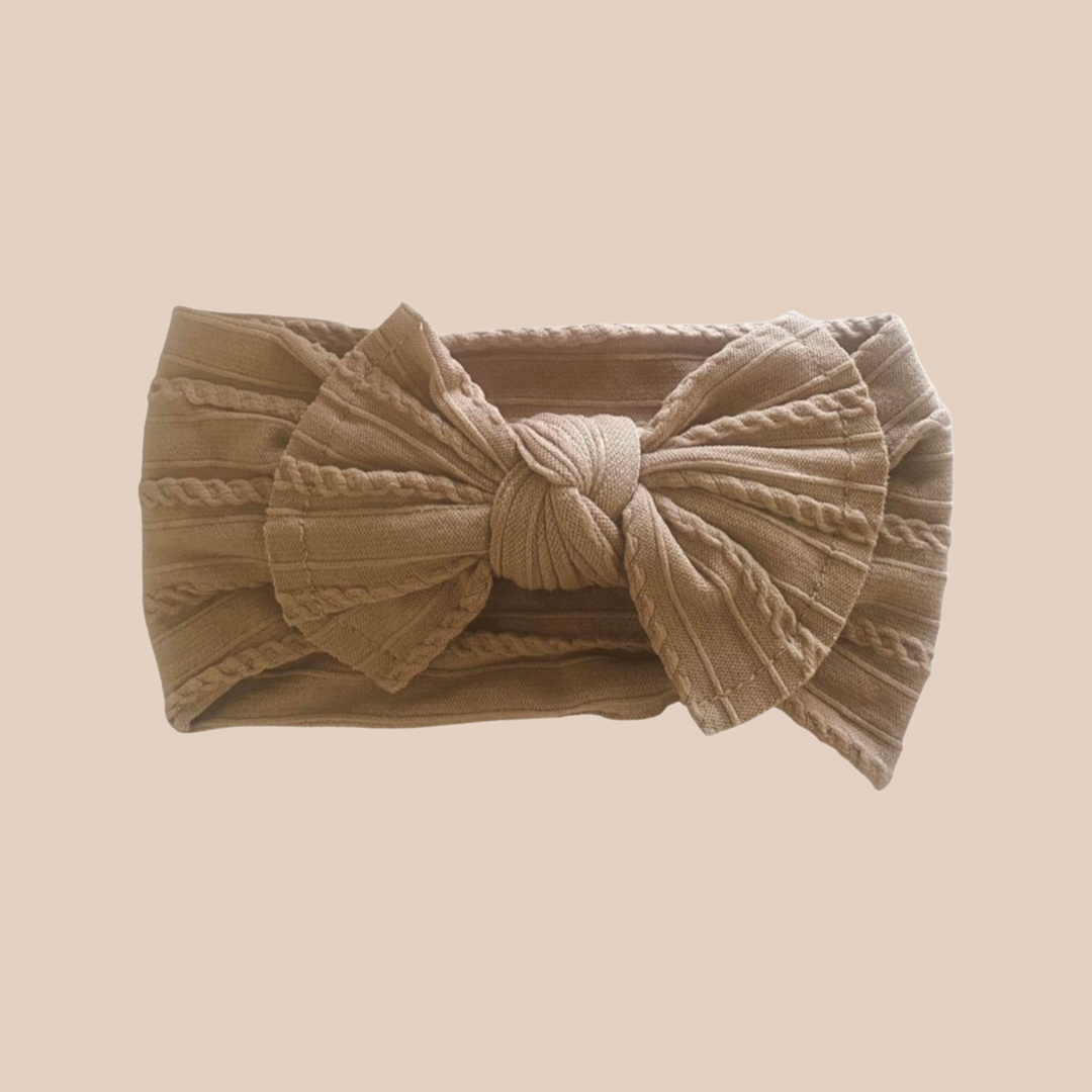 Taupe cable knit baby bow headband. Baby headband