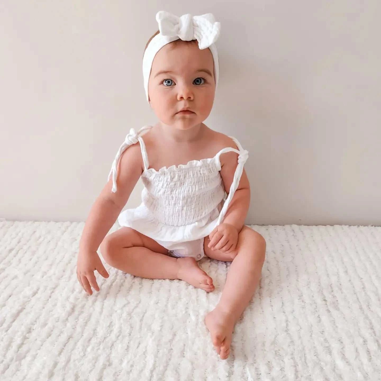 Tie up Shirred Romper and Headband Set | White