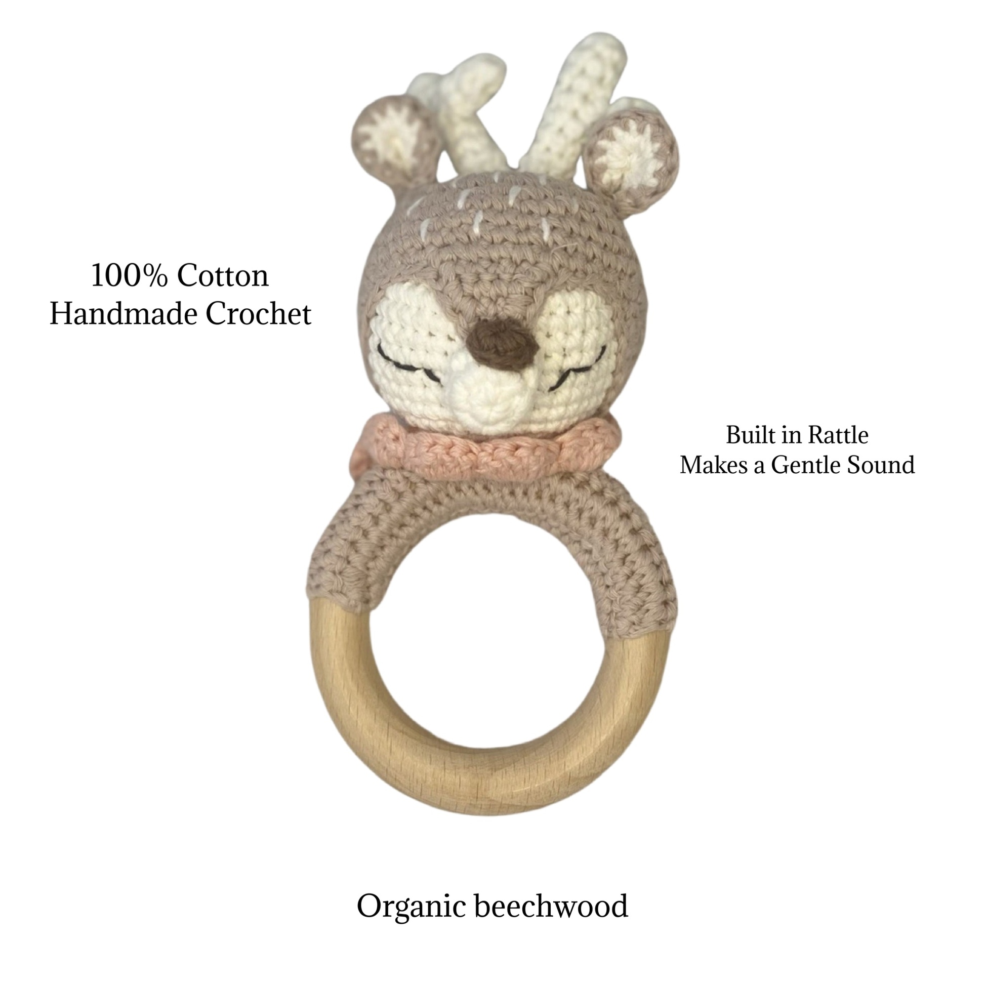 Baby toy. Pink deer crochet baby rattle. Baby shower gift.