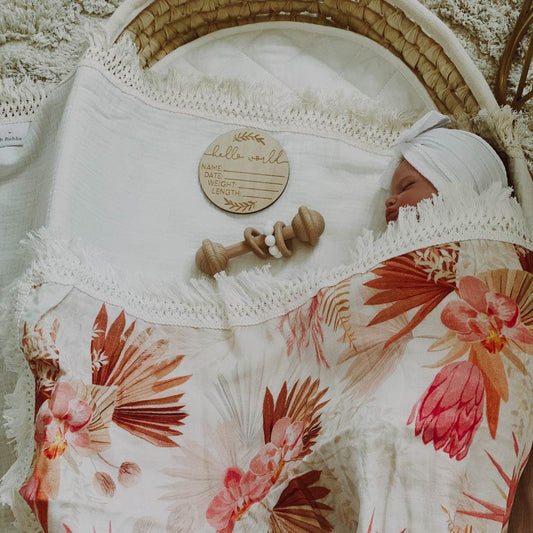 Tropical flower baby fringe swaddle. Baby blanket. Organic cotton baby swaddle. Newborn swaddle. Baby blanket