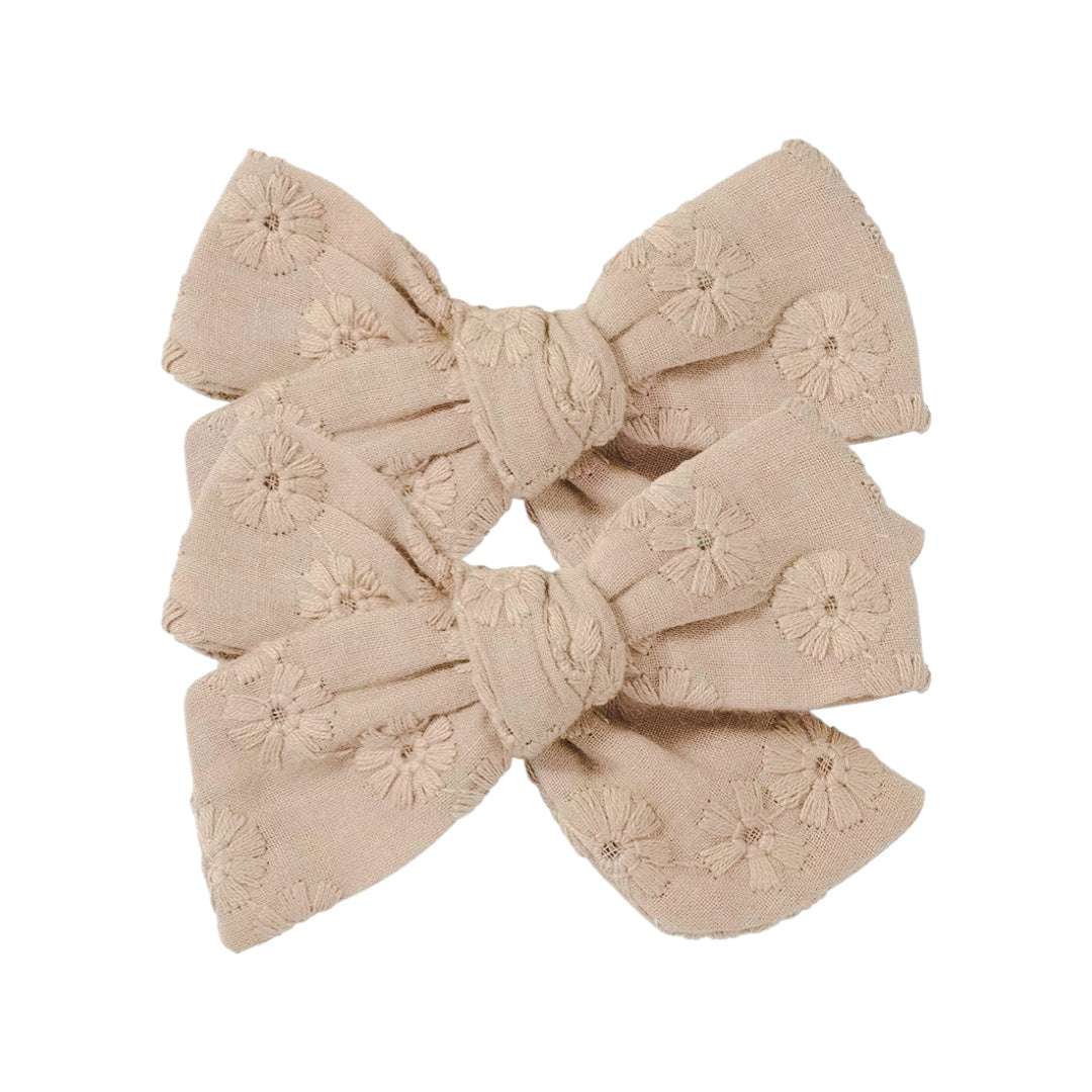 Embroidered 2 pcs Bow Clips | Beige