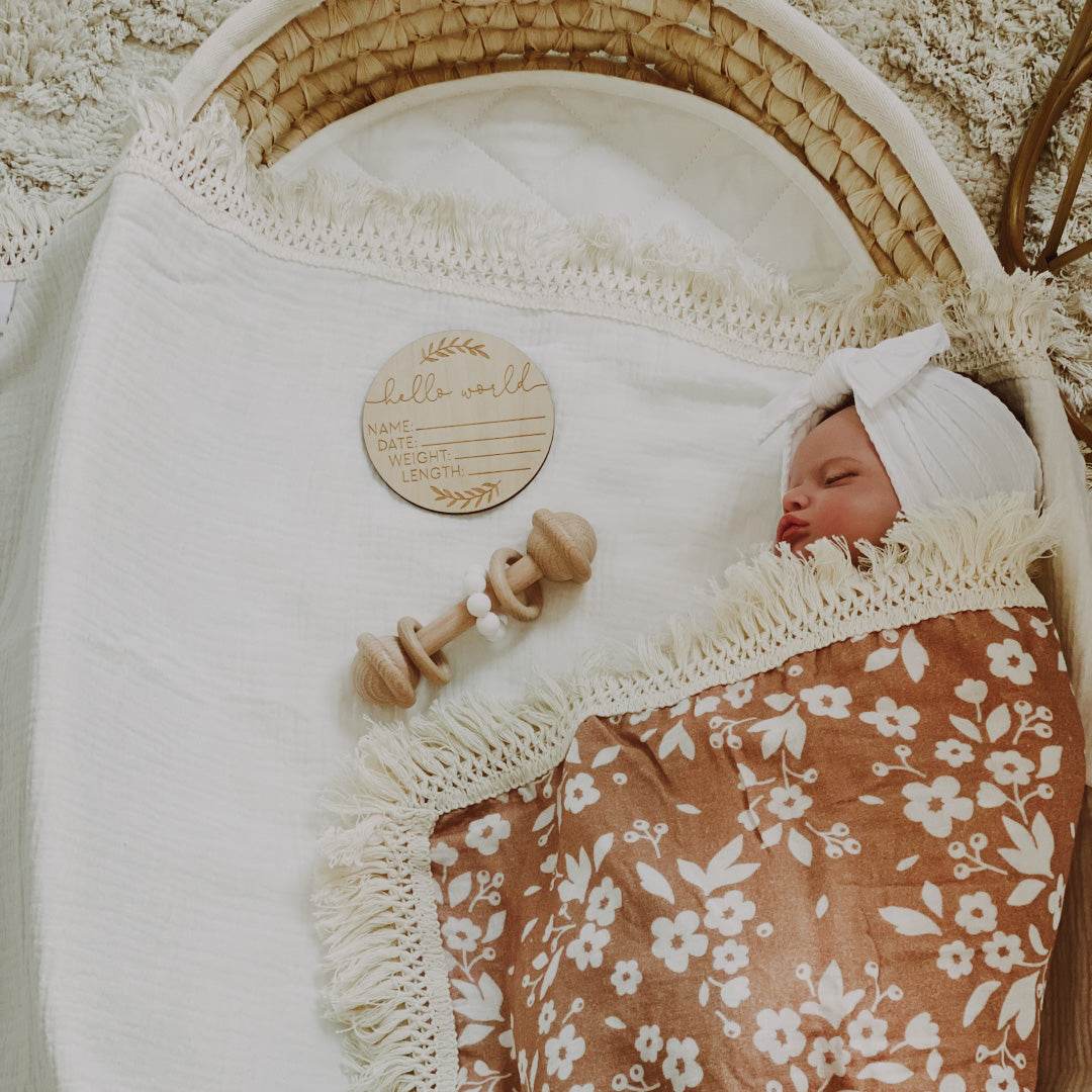 Baby Fringe Swaddle. Floral Baby Swaddle. Newborn Wrap. Muslin Wrap.
