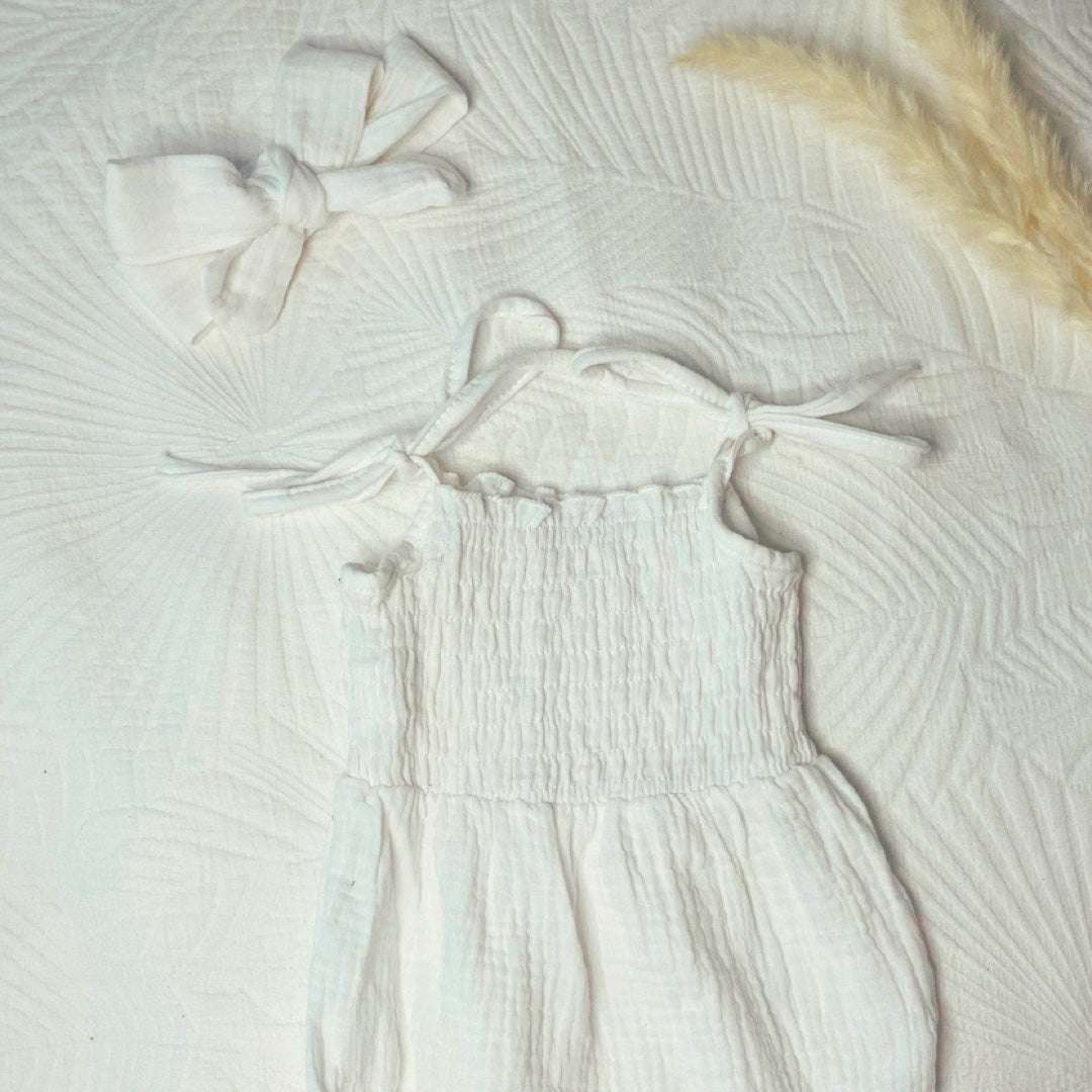 Tie up Shirred Romper and Headband Set | White