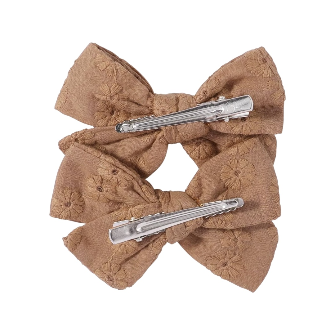 Embroidered 2 pcs Bow Clips | Light Pink