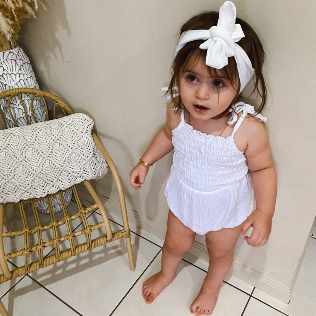 Tie up Shirred Romper and Headband Set | White