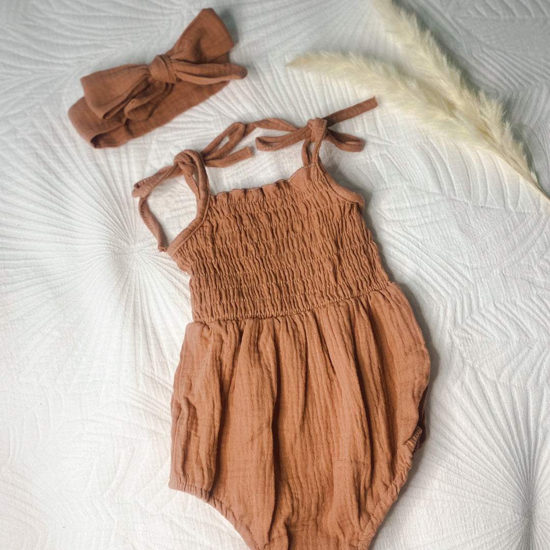 Tie Up Baby Romper & Headband Set | Tan