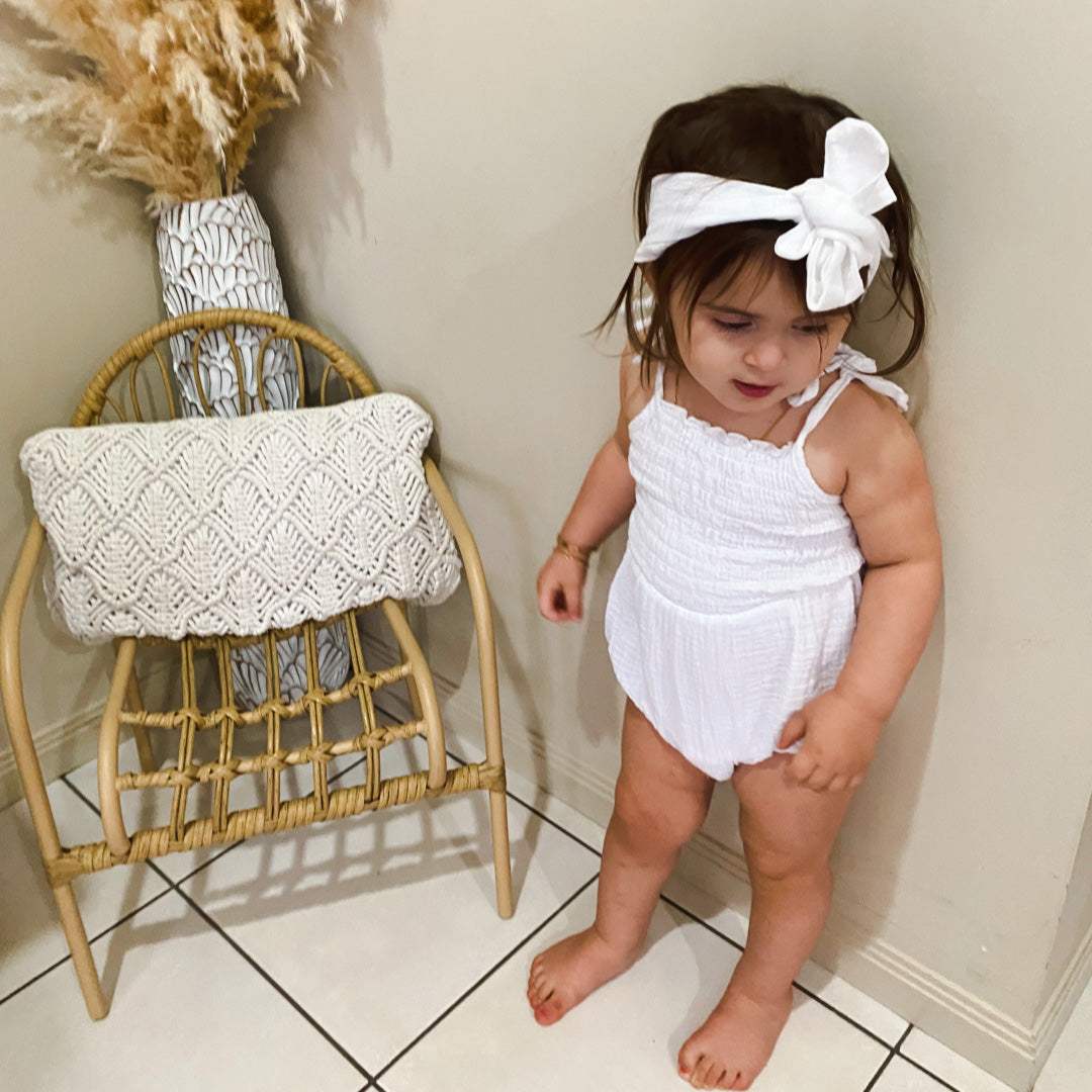 Tie up Shirred Romper and Headband Set | White