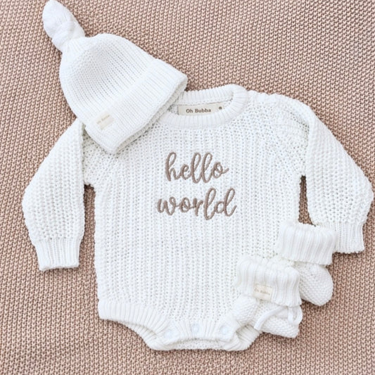 hello world knit announcement romper 