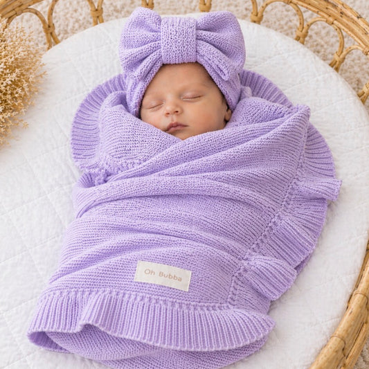 Frill Knit baby blanket Lilac. Newborn blanket 