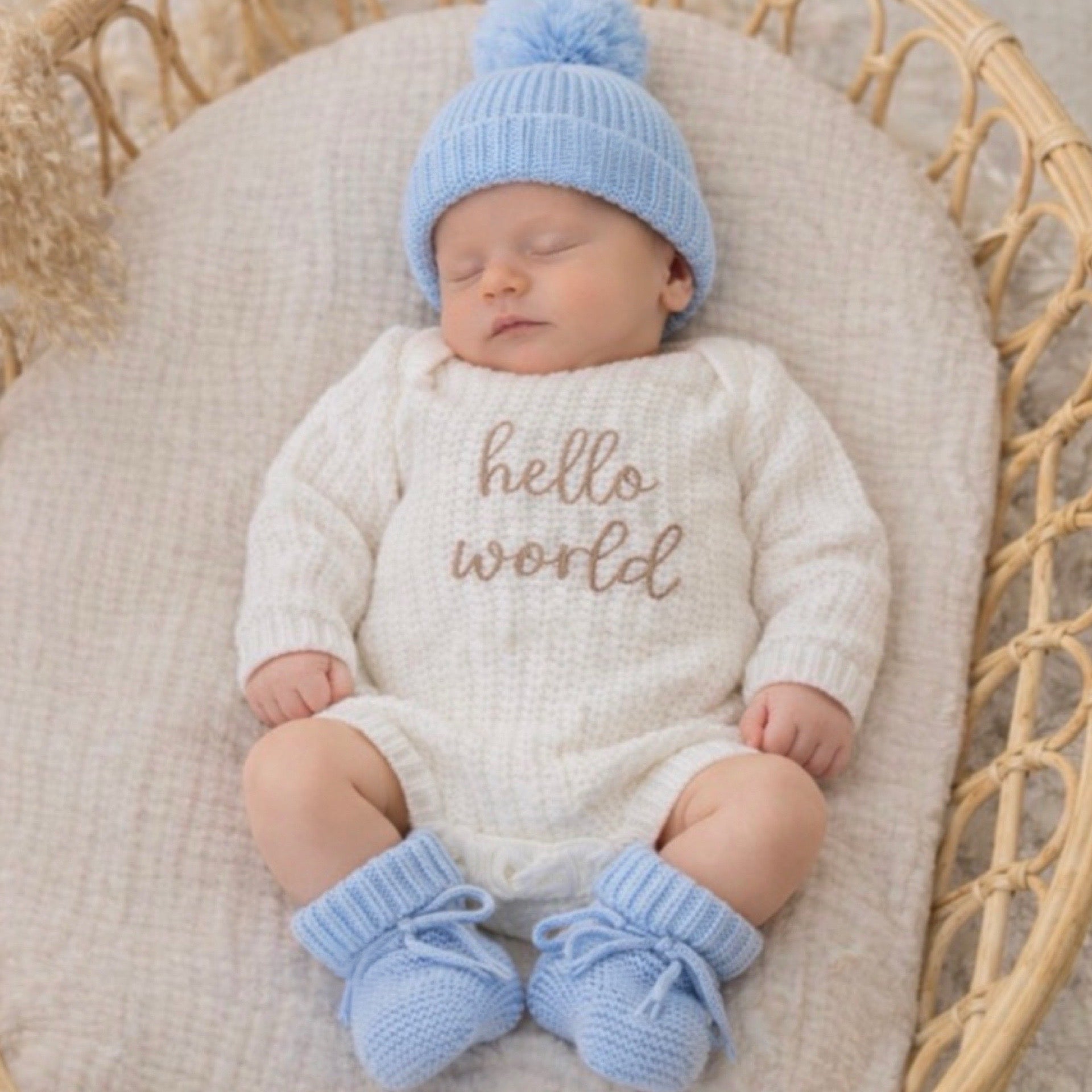 hello world knit announcement romper 
