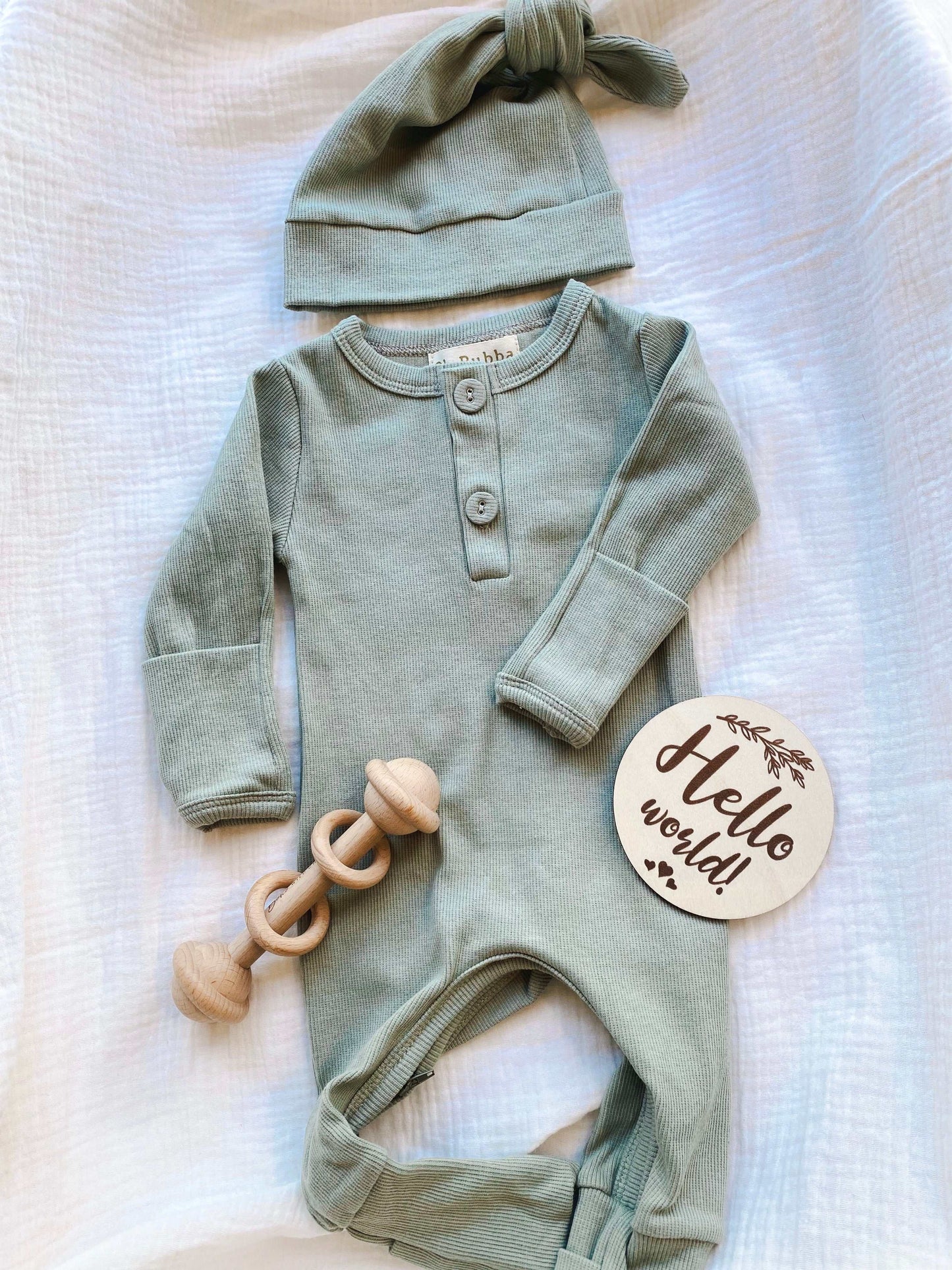 Olive Green Ribbed Baby Onesie and Beanie