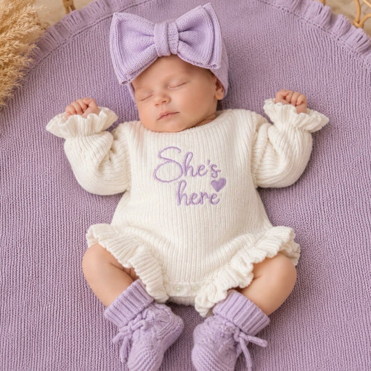 Lilac She's here newborn gift bundle. Baby shower gift 