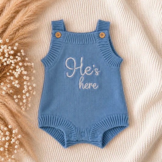 Blue He's here knit announcement romper 