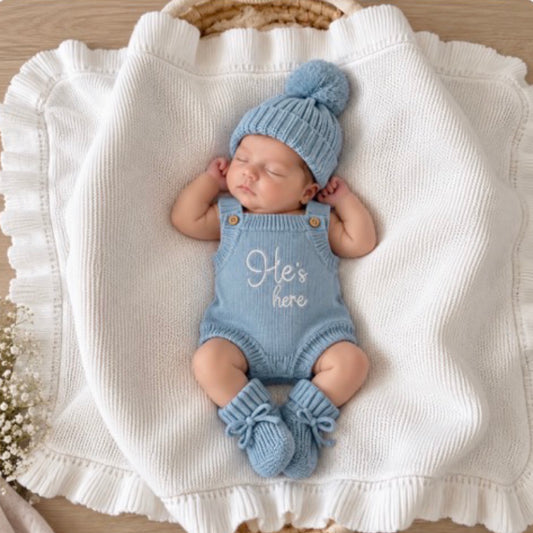 Blue He's here Knit Romper