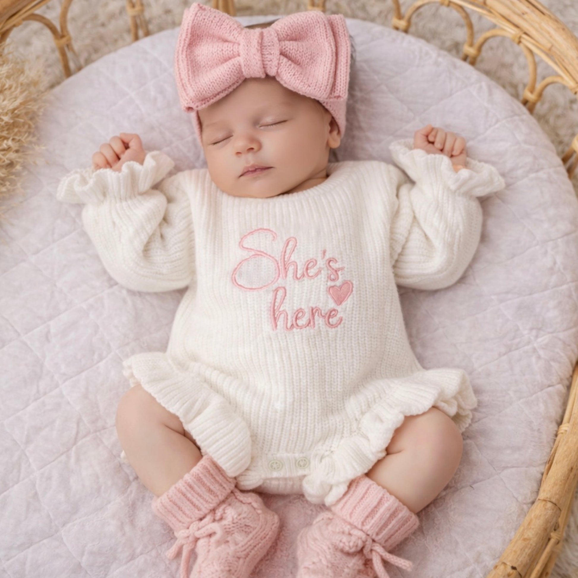 She's here knit announcement romper 