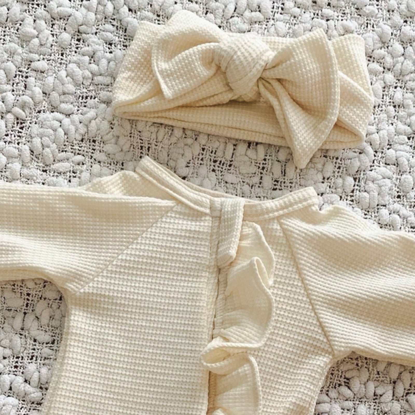 oat waffle frill baby romper & headband. Newborn baby girl zip romper 