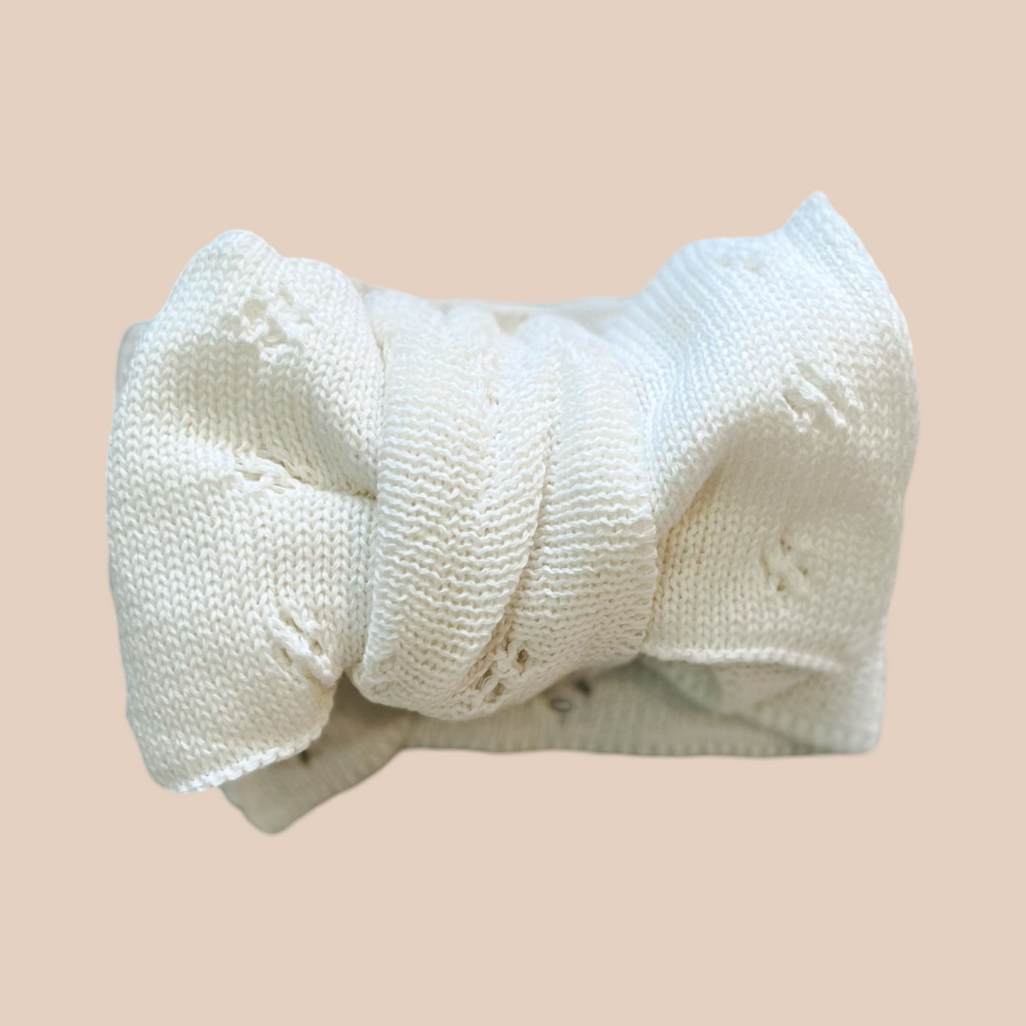 white oversized knit baby bow. Newborn knit baby headband. Pointelle knit baby bow white