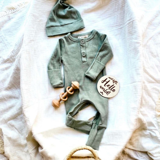 Olive Green Ribbed Baby Onesie & Beanie | Discounted