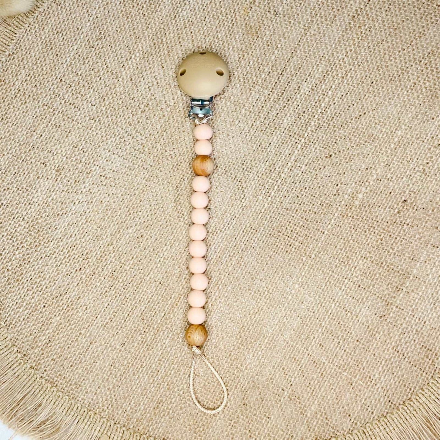 Peach Basics dummy clip. Baby dummy chain. Pink dummy chain 