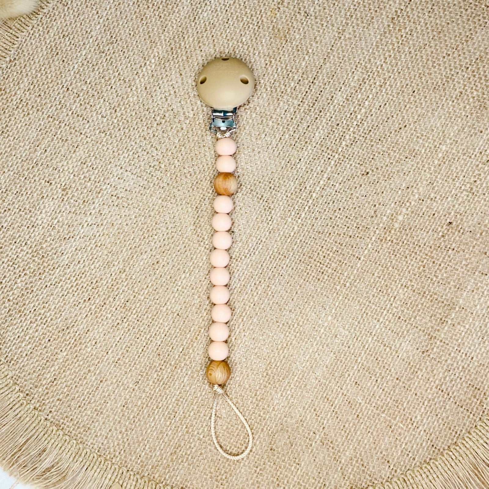Peach Basics dummy clip. Baby dummy chain. Pink dummy chain 