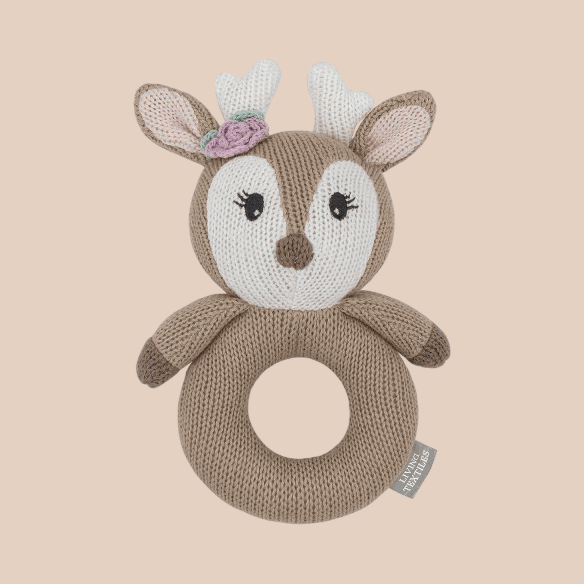 Ava the fawn knit baby rattle. Fawn knitted rattle. 100% cotton pearl knit 