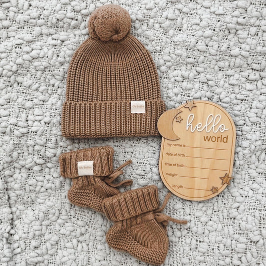 Chocolate knit beanie and Booties. Hello world announcement disc 