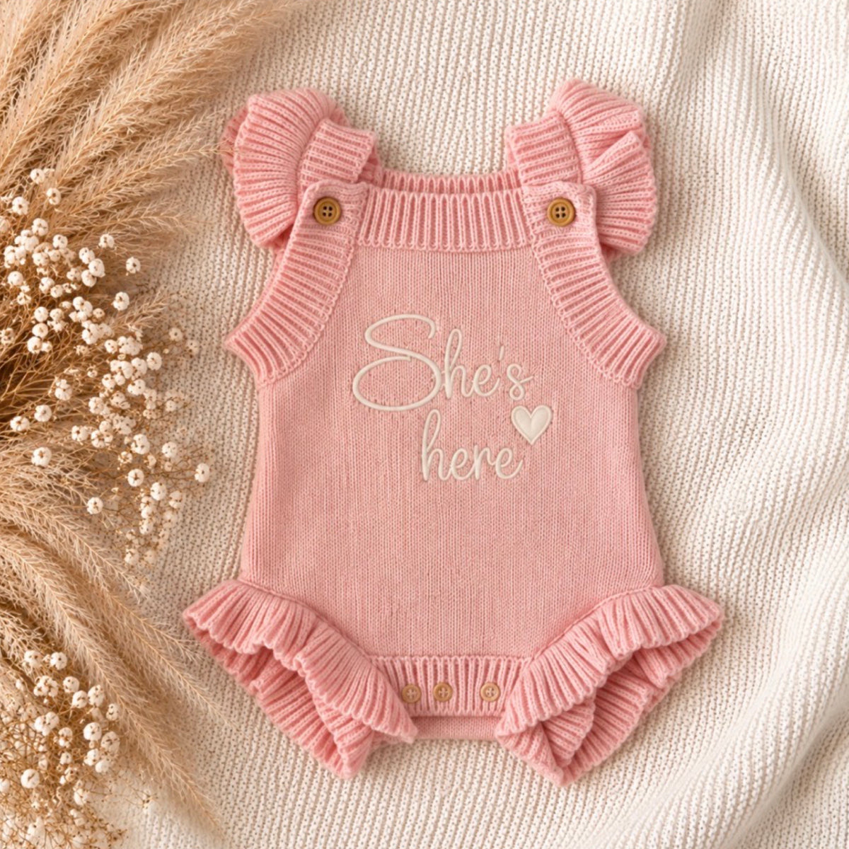 She's here knit announcement romper 