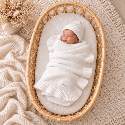 White frill knit newborn baby blanket 