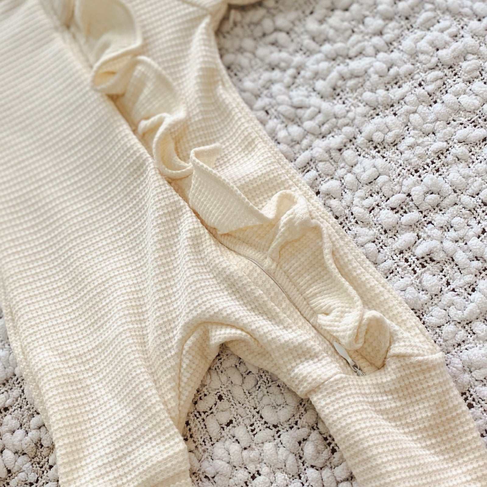 Oat waffle frill baby romper & headbabd. Baby girl waffle zip onesie. Delightful waffle texture. 