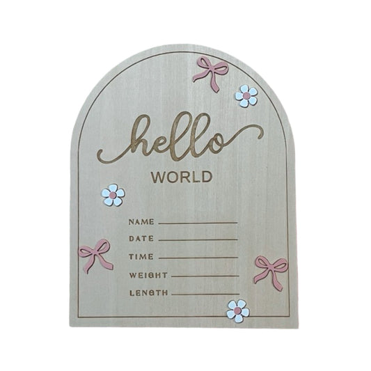 Pink bow and daisy hello world birth announcement disc