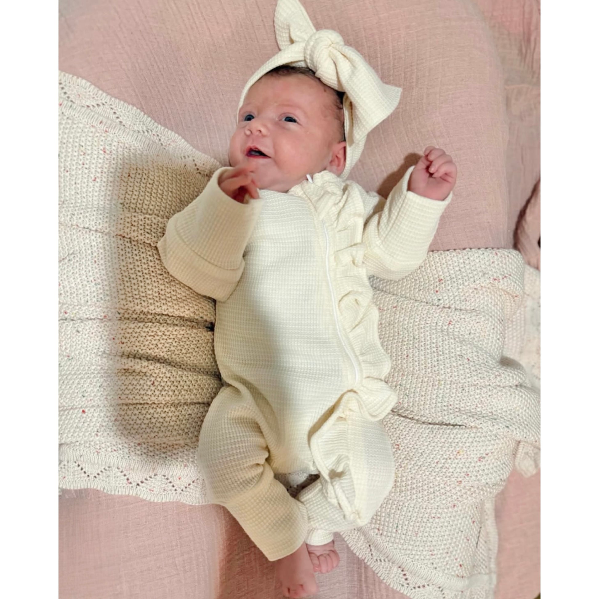Oat waffle frill baby onesie. Baby romper and bow. Newborn outfit