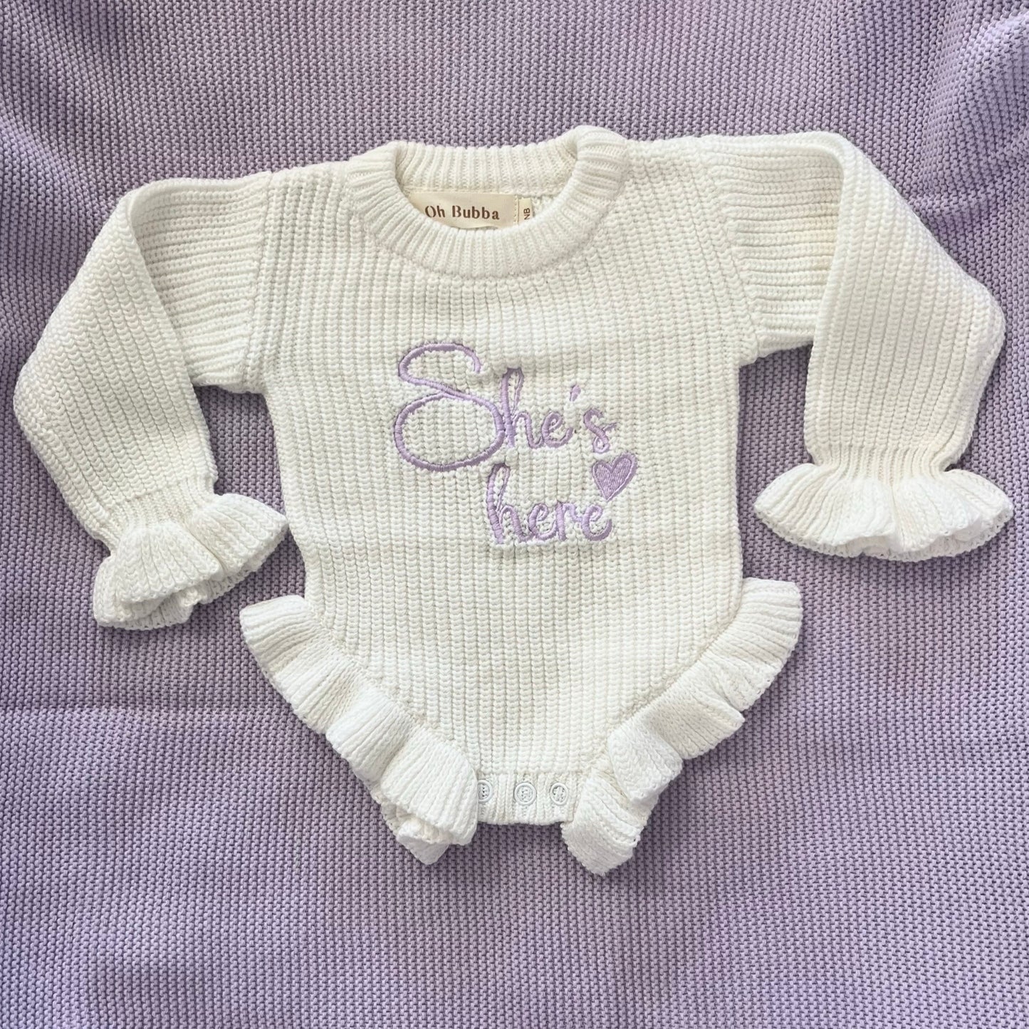 She's here knit newborn romper. Baby coming home outfit. Hospital bag 
