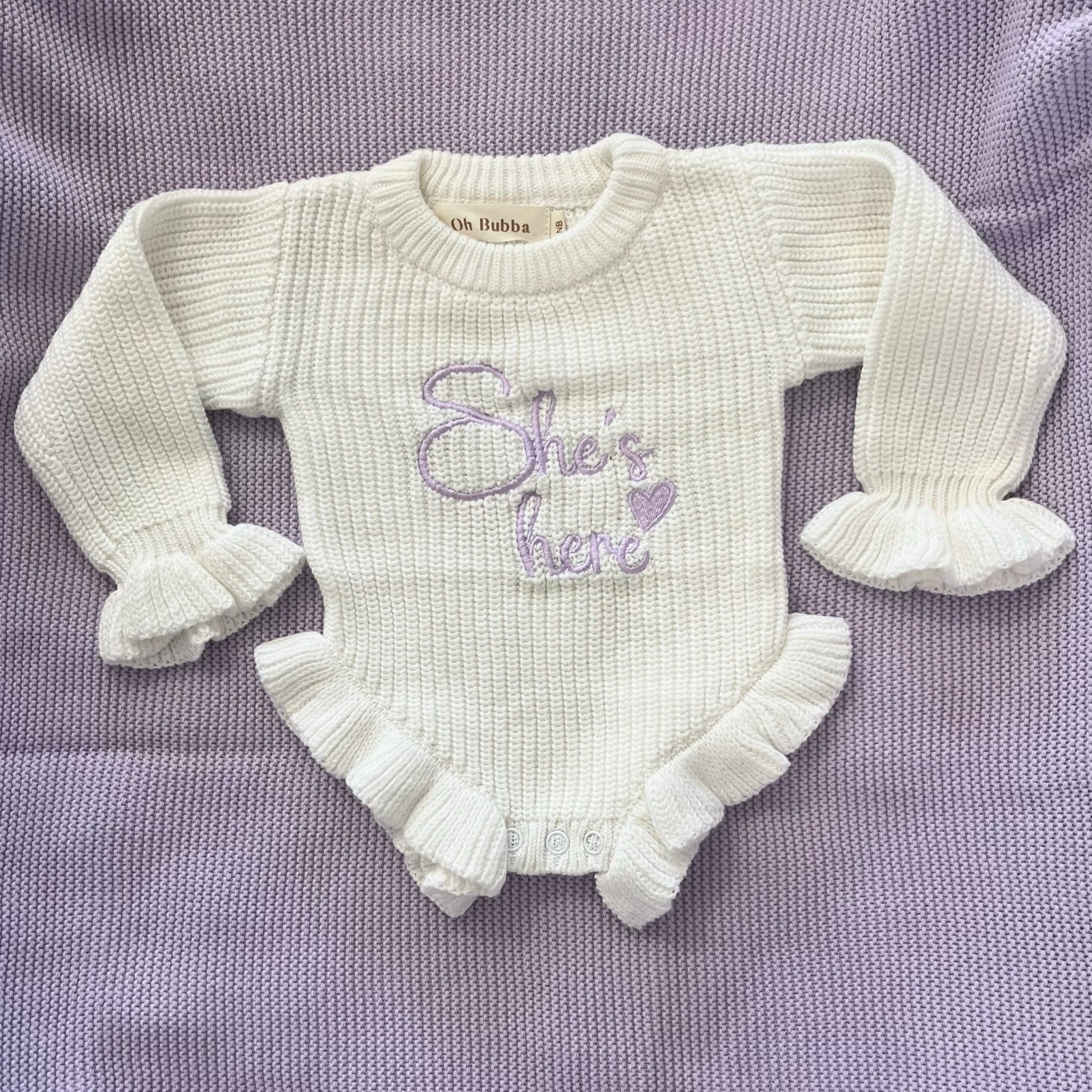 She's here knit newborn romper. Baby coming home outfit. Hospital bag 
