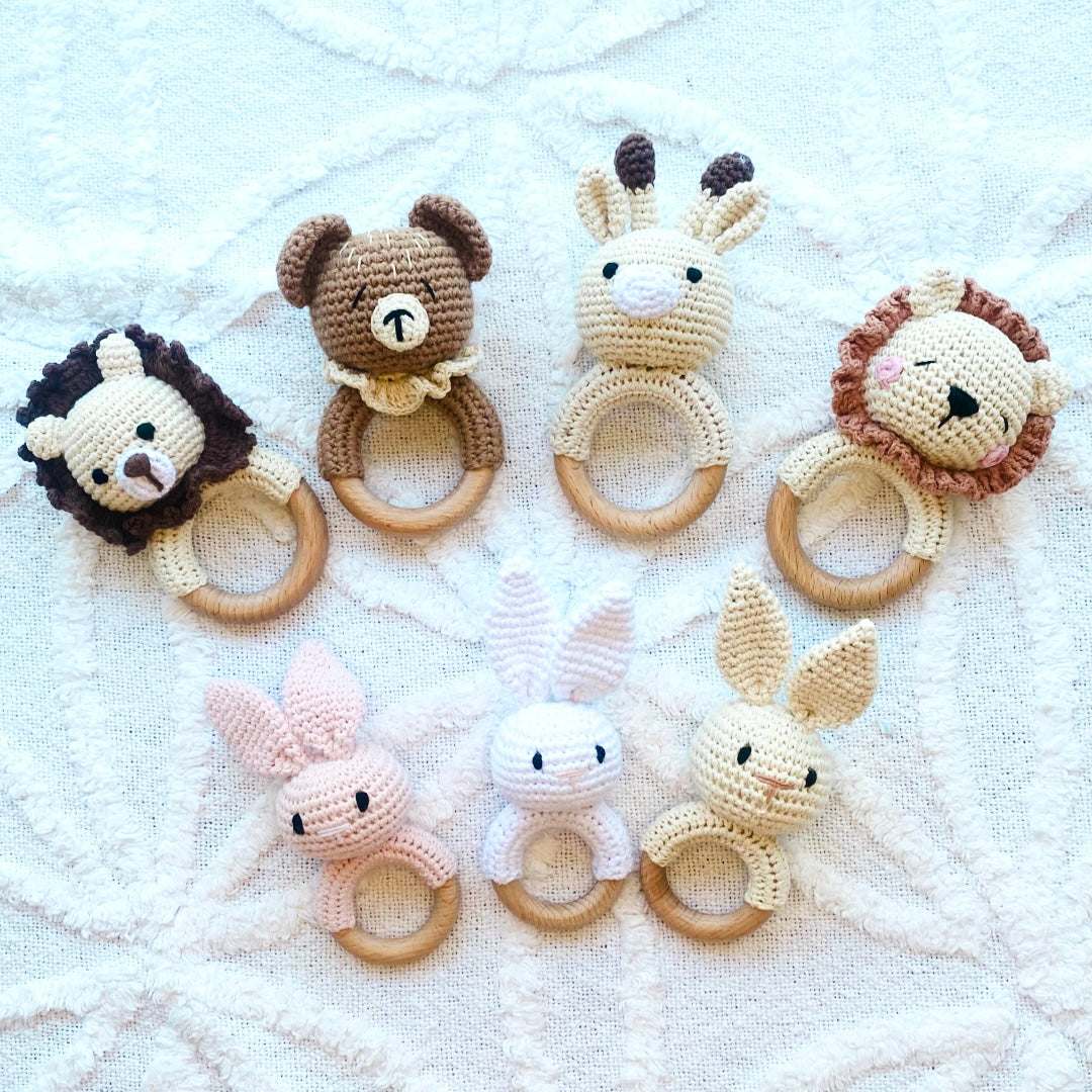 adorable baby crochet wooden lion rattle 