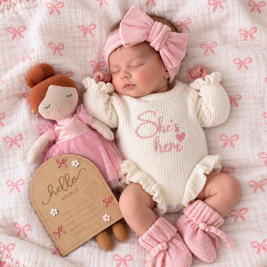 She's here pink newborn announcement romper 