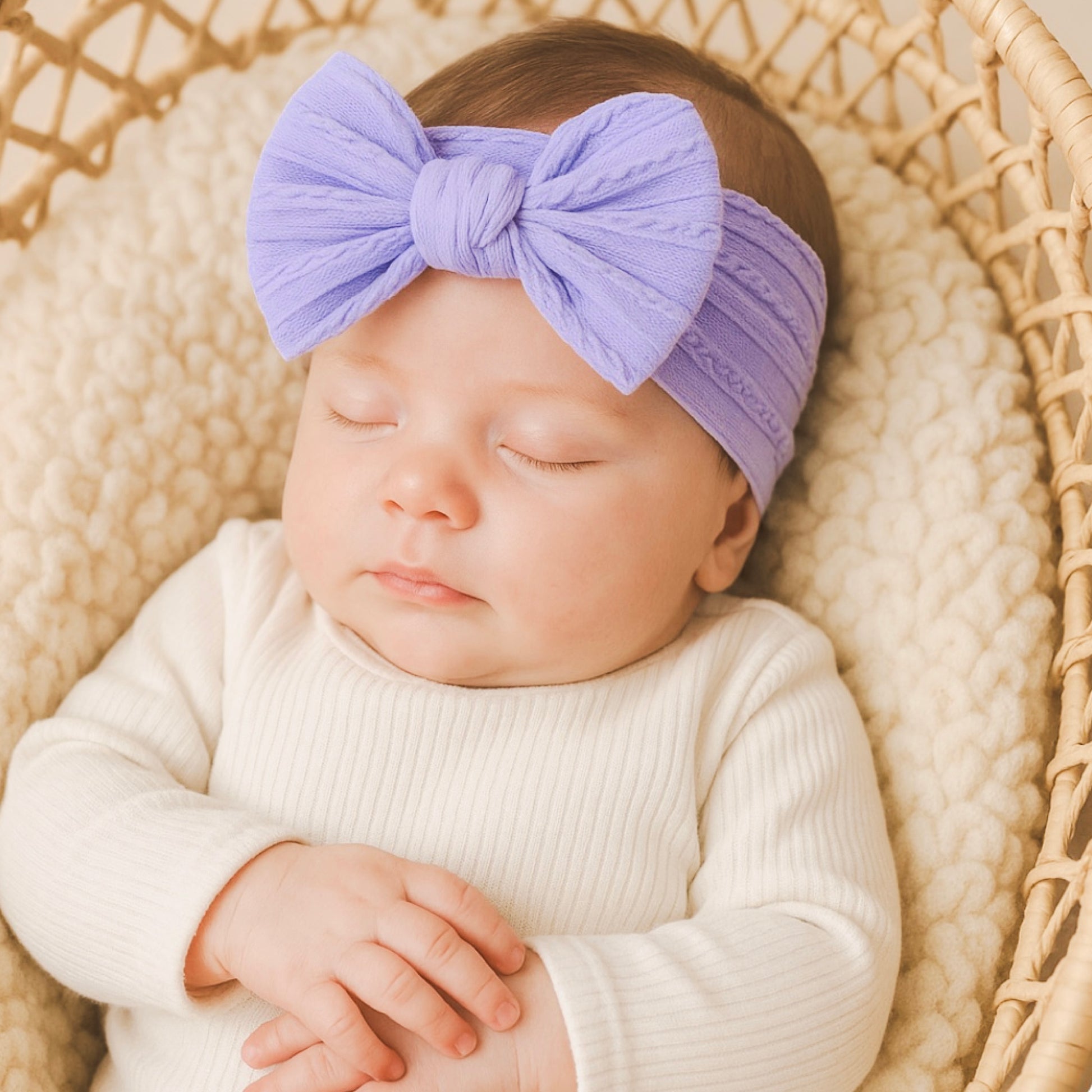 Lilac cable knit bow. Newborn lilac baby bow headband