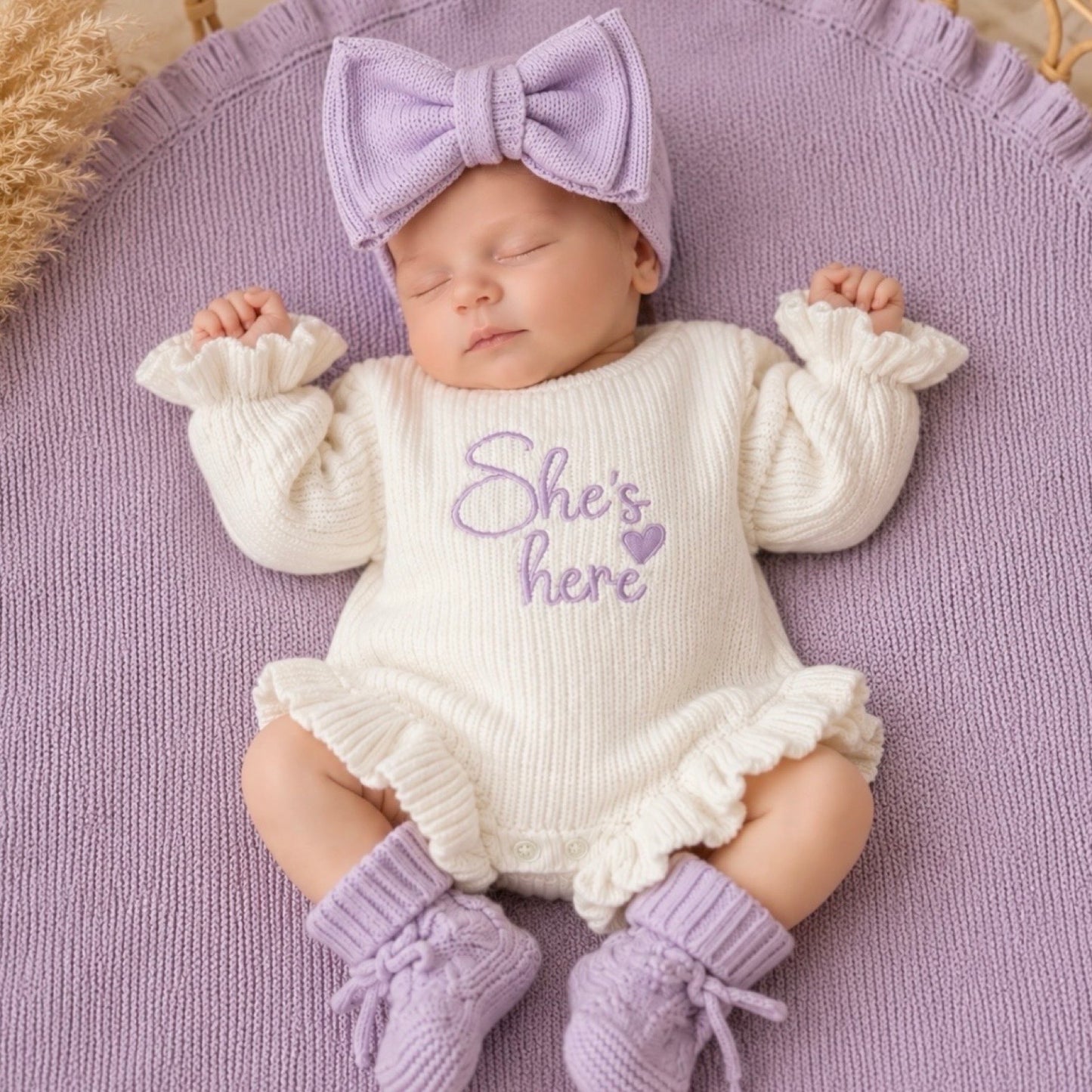 lilac shes here knit announcement romper 