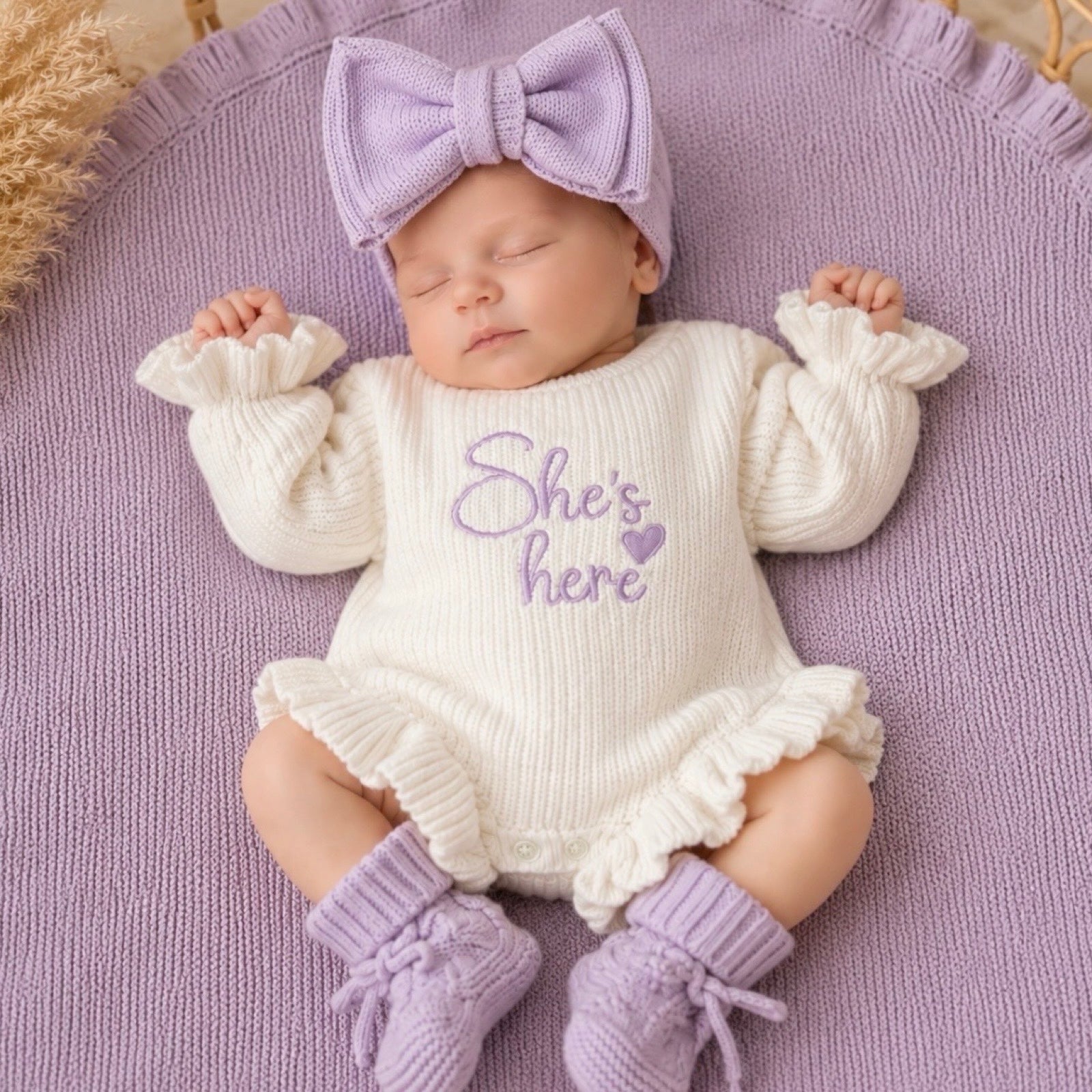 lilac shes here knit announcement romper 