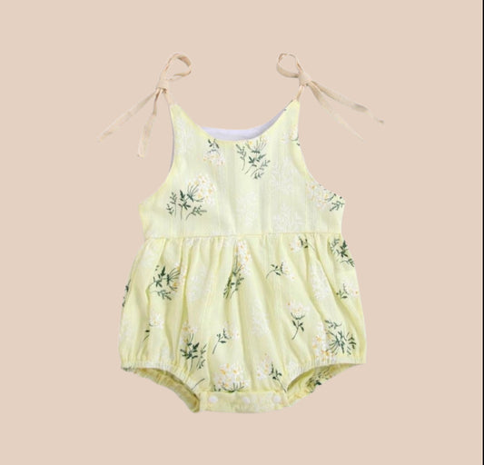 Yellow Floral Leaf Summer Tie Up Romper | 12-18m