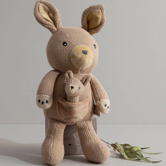 Kylie kangaroo baby knittled toy. Newborn toy rattle 