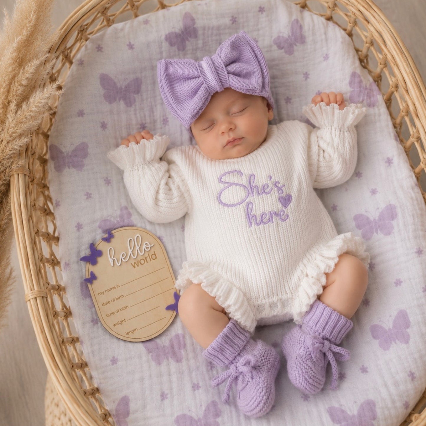 She's Here Frill Knit Announcement Romper | Lilac