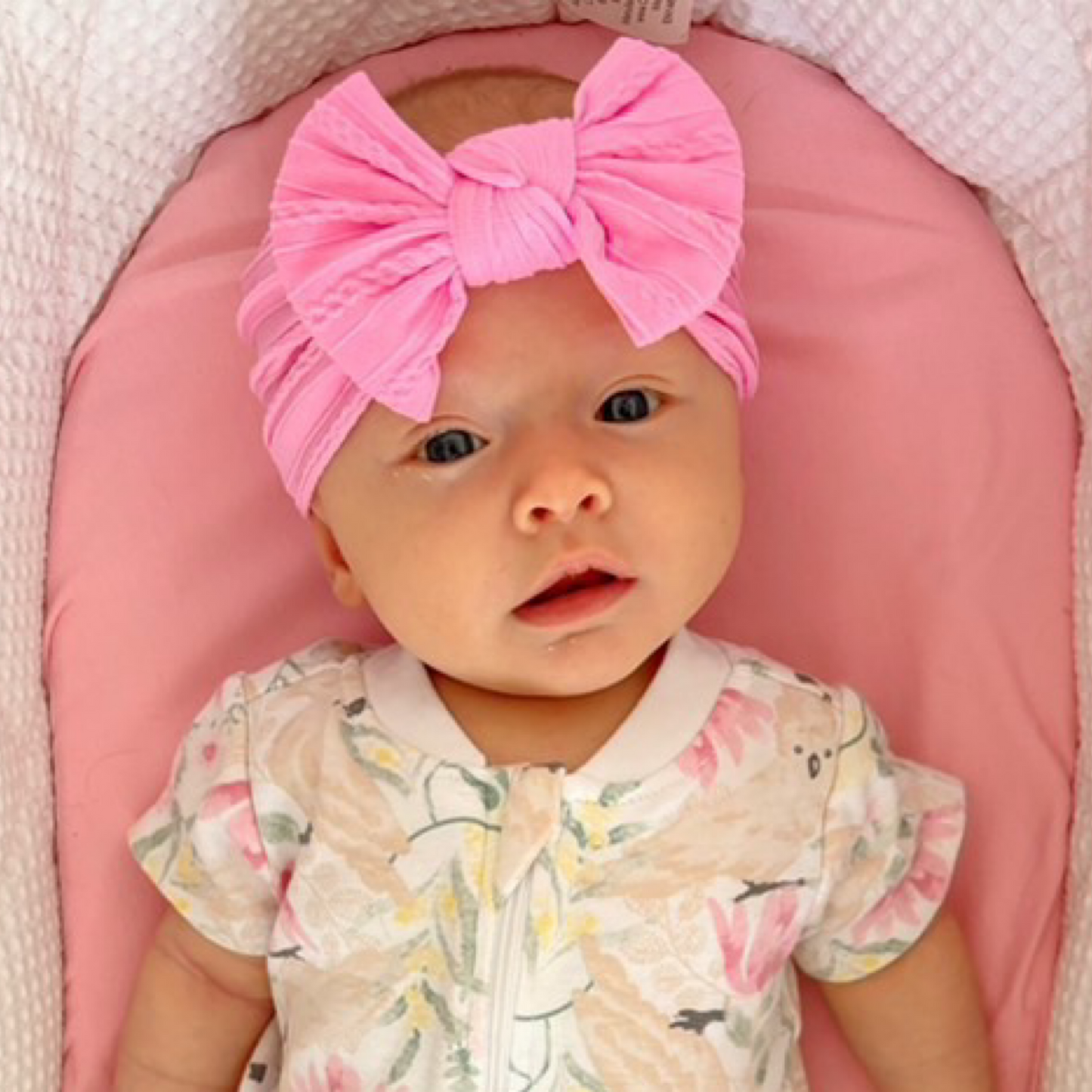 Candy pink cable knit baby bow headband 