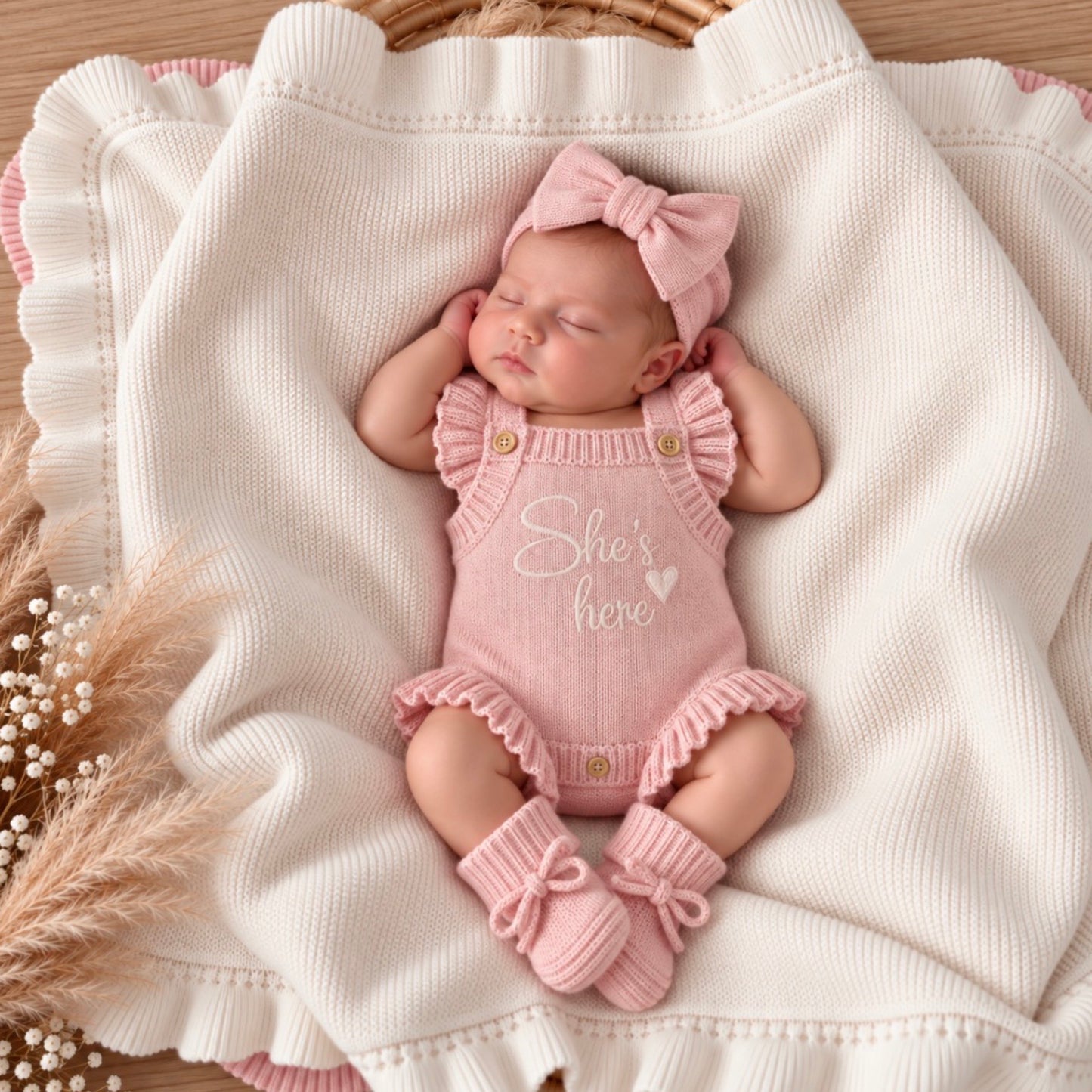 Pink She's here knit announcement romper 